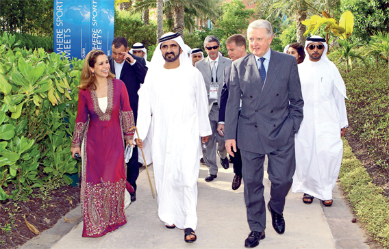 Sheikh Mohammed and Princess Haya during the visit to the SportAccord venue. (WAM)