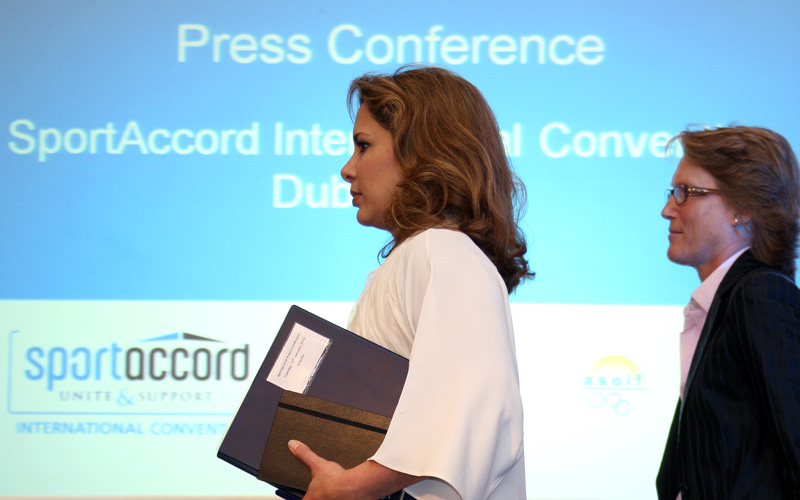 Princess Haya Bint Al Hussein, UN Messenger of Peace and wife of the Vice President and Prime Minister of the United Arab Emirates and Ruler of Dubai Sheikh Mohammed Bin Rashid Al Maktoum takes her seat during a SportAccord international convention at a news conference in Dubai, January 12, 2010. SportAccord International Convention is a five-day gathering of 1500 leading representatives from international sport. The annual convention is held in a different country each year and encompasses the Congress and General Assemblies of over 100 international sports federations and their related associations. 
(PATRICK CASTILLO)