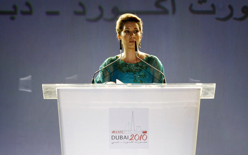 Princess Haya bint Al Hussein, wife of  Sheikh Mohammed Bin Rashid Al Maktoum, Vice President and Prime Minister of the United Arab Emirates and Ruler of Dubai, addresses the 8th Annual SportAccord International Convention in Dubai on April 27, 2010. The convention is the biggest sports networking event in the world that includes series of meetings and events held exclusively for participating sports federations and councils. AFP