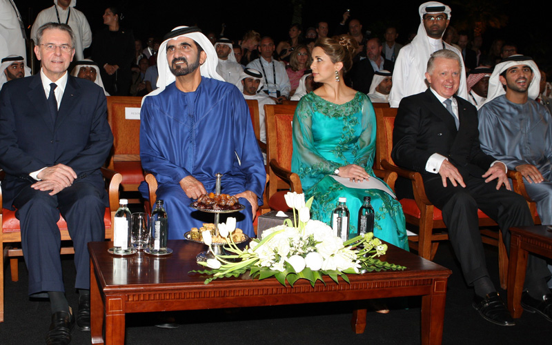 (From L-R) Jacques Rogge, President of the International Olympic Committee (IOC), Sheikh Mohammed Bin Rashid Al Maktoum, Vice President and Prime Minister of the United Arab Emirates and Ruler of Dubai, his wife Princess Haya Bint Al Hussein, UN Messenger of Peace, Hein Verbruggen, Chairman of the International Olympic Committee, and Sheikh Hamdan bin Mohammed bin Rashed Al Maktoum, attend the 8th Annual SportAccord International Convention in Dubai on April 27, 2010. The convention is the biggest sports networking event in the world that includes series of meetings and events held exclusively for participating sports federations and councils. (AFP)
