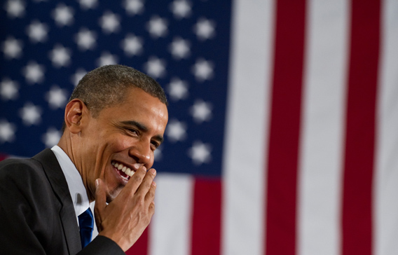 US President Barack Obama laughs before speaking on the economy at the University of Nevada in Las Vegas. (AFP)