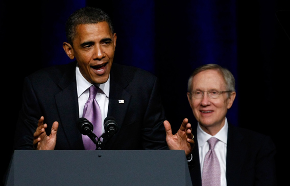 U.S. President Barack Obama (L) speaks during a campaign rally for U.S. Senate Majority Leader Harry Reid (D-NV) at the Aria Resort & Casino at CityCenter in Las Vegas, Nevada. Reid will face Republican Sharron Angle in the general election in November. (AFP)