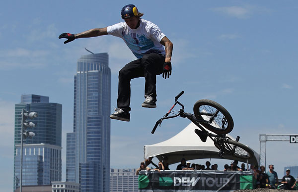 Cory Bohan, of Brisbane, Australia, looses control of his bike during the Dirt preliminaries of the 6.0 BMX Open at Soldier Field in Chicago, Illinois. (Getty Images/AFP)