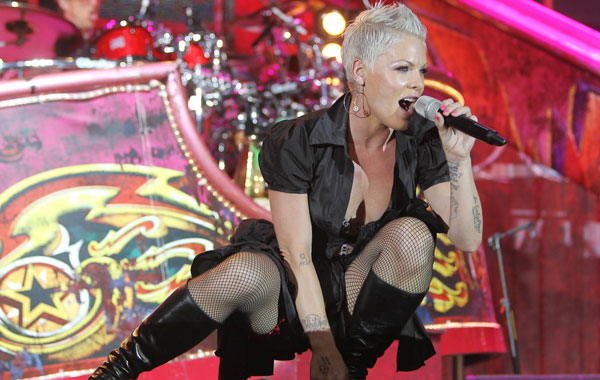 US singer Pink performs on stage in Nice, southeastern France. (AFP)