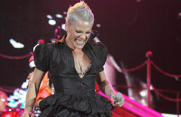 US singer Pink performs on stage in Nice, southeastern France.  (AFP)
