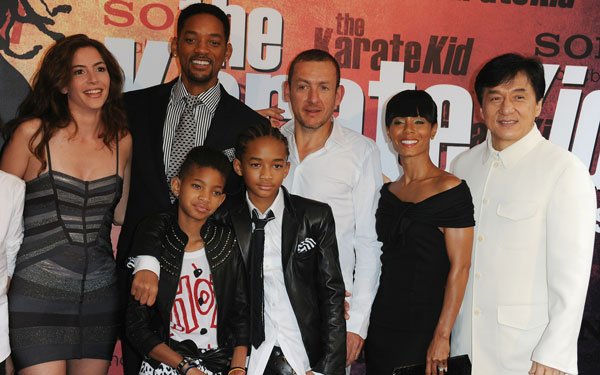 (L-R) Dany Boon's wife Yaelle, Will Smith, Jaden Smith, Willow Smith, Dany Boon, Jada Pinkett Smith and Jackie Chan as they attend "The Karate Kid" film premiere at Le Grand Rex in Paris, France.  (GETTY IMAGES)