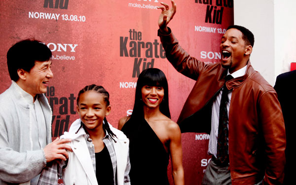 From (L-R): Hong Kong-born actor/cast member Jackie Chan, US actor/cast member Jaden Smith, US actress Jada Pinkett Smith and US actor Will Smith arrive at the Karate Kid premiere at Fredrikstad cinema in Fredrikstad, Norway. (EPA)
