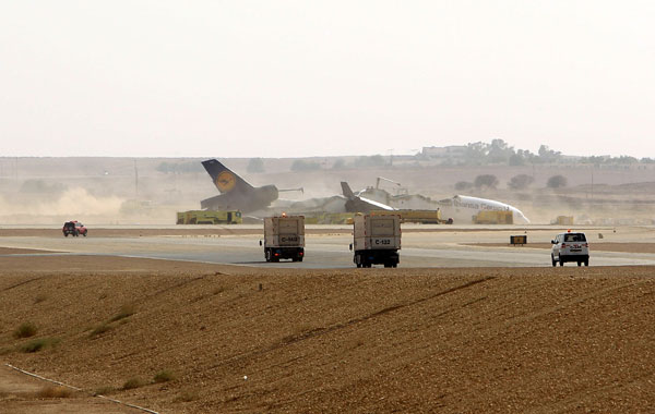 A Lufthansa cargo plane is seen after it crashed at King Khaled International Airport in Riyadh, Saudi Arabia. (REUTERS)