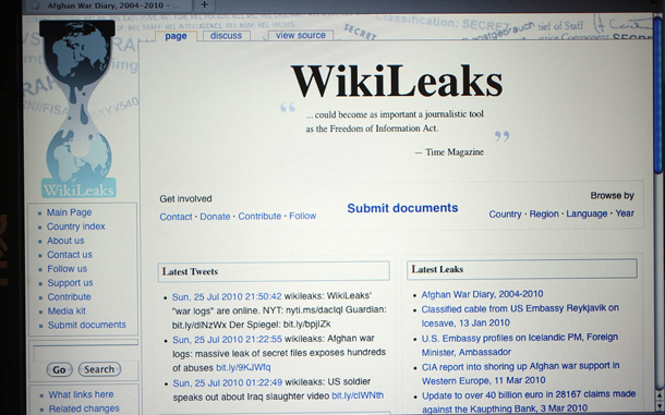 The homepage of the WikiLeaks.org website is seen on a computer after leaked classified military documents were posted in Miami, Florida. WikiLeaks, an organization based in Sweden which publishes anonymous submissions of sensitive documents from governments and other organizations, released some 91,000 classified documents that span the past six years of U.S. combat operations in the war Afghanistan. (AFP)
