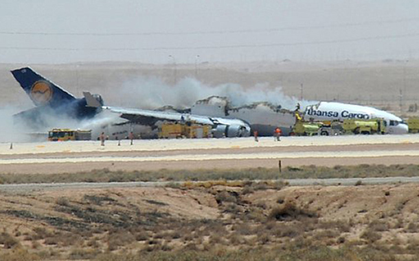 Cargo plane of the German carrier Lufthansa after it crashes while landing at Riyadh airport. (AFP)