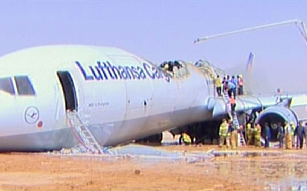 Cargo plane of the German carrier Lufthansa after it crashed while landing at Riyadh airport. (AFP)