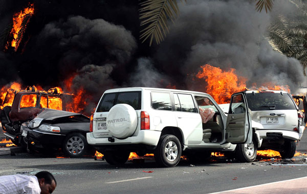 A woman was killed and some cars caught fire in a five-vehicle pileup on Jumeirah Road on Wednesday. (SATISH KUMAR)
