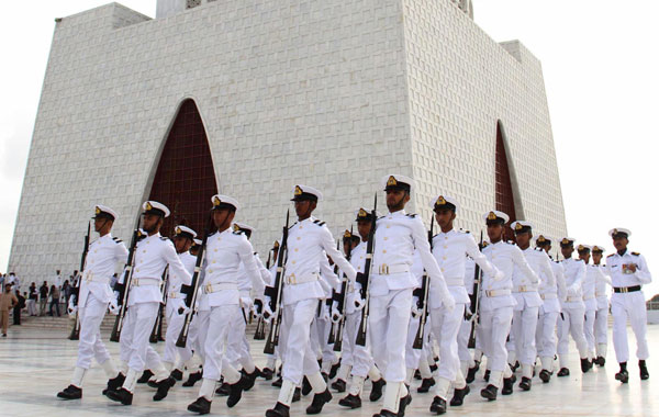 Pakistani Navy cadets parade at the mausoleum of the father of nation Quaid-e-Azam Mohammad Ali Jinnah during celebrations of the Independence Day in Karachi, Pakistan. (EPA)