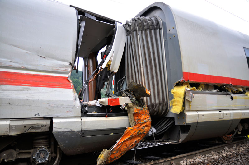 A destroyed carriage of a InterCityExpress train stand on the track after an accident near Lambrecht, Germany. (AP)