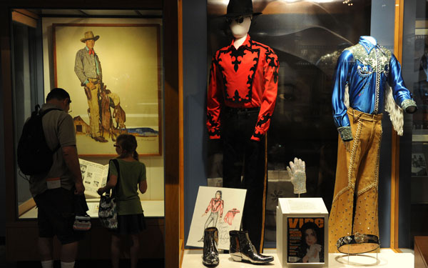 Costumes showing a Western influence and worn by the late singer Michael Jackson that are part of an exhibition titled "How the West Was Worn by....Michael Jackson" at the Autry National Center of the American West, in Los Angeles. (AFP)