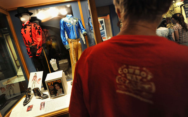 Costumes showing a Western influence and worn by the late singer Michael Jackson that are part of an exhibition titled "How the West Was Worn by....Michael Jackson" at the Autry National Center of the American West, in Los Angeles. (AFP)