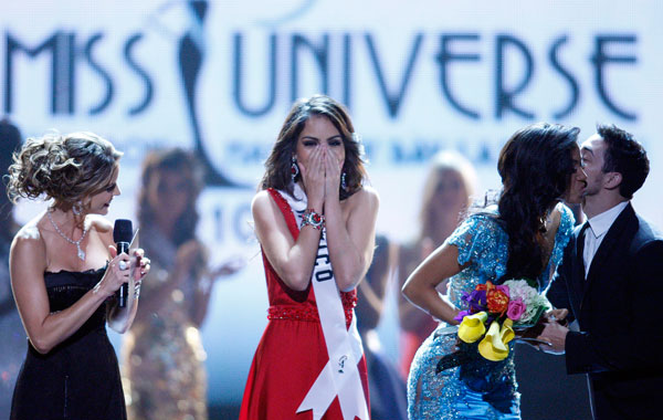 Miss Mexico Jimena Navarrete reacts as she is crowned Miss Universe in Las Vegas. (AP)