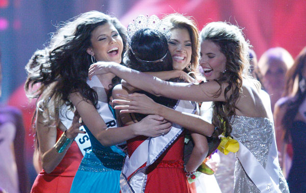 Miss Mexico Jimena Navarrete, center, is congratulated by fellow contestants after she was crowned Miss Universe, in Las Vegas. (AP)