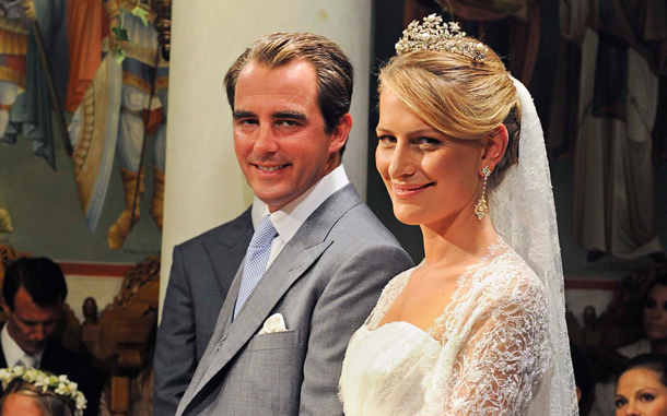 Nikolaos, son of the former King Constantine of Greece and Anne-Marie of Denmark, and his bride Tatiana Blatnik (R) smile during their wedding on the island of Spetses, Greece. The wedding was attended by royals from all over Europe, including Spain, Denmark and Sweden. (EPA)