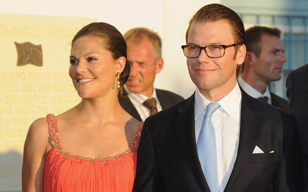 Crown Princess Victoria of Sweden and Prince Daniel of Sweden arrive to attend the wedding of Tatiana Blatnik with Prince Nikolaos of Greece at the Cathedral of Ayios Nikolaos (St. Nicholas) in Spetses, Greece. (GETTY IMAGES)