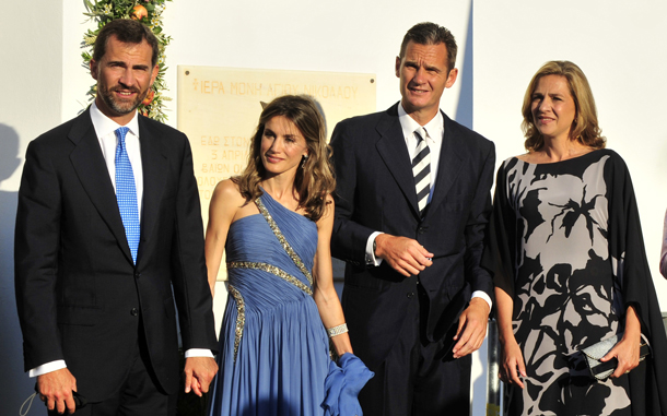 (FromL) Prince Felipe of Spain and Princess Letizia, Princess Cristina of Spain and her husband Inaki Urdangarin arrive for the wedding of Nicolas, the second son of Greece's former king Constantine and Tatiana Blatnik at the island of Spetses. Bluebloods from Denmark, Spain and Sweden will attend the marriage ceremony of 40-year-old former prince Nicholas to Tatiana Blatnik, a 29-year-old event planner for fashion designer Diane von Fürstenberg. (AFP)