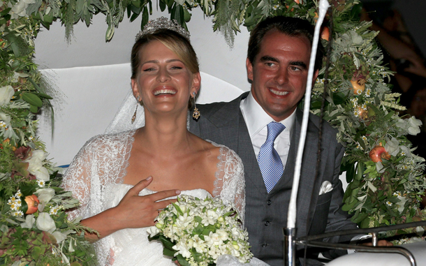 Princess Nikolaos of Greece and Denmark (Tatiana Blatnik) leave in a horse drawn carriage after getting married at the Cathedral of Ayios Nikolaos (St. Nicholas) in Spetses, Greece. Representatives from Europes royal families will join the many guests who have travelled to the island to attend the wedding of Prince Nikolaos of Greece, the second son of King Constantine of Greece and Queen Anne-Marie of Greece and Tatiana Blatnik an events planner for Diane Von Furstenburg in London. (GETTY IMAGES)