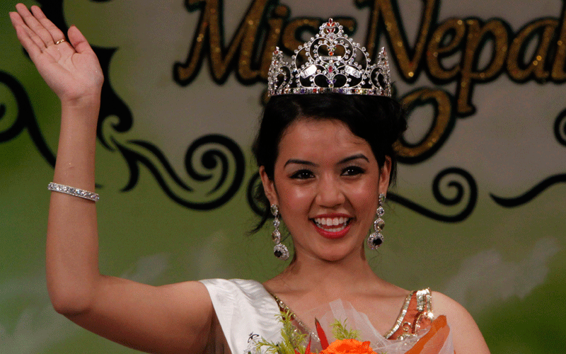 Sadichha Shrestha, 19, waves greets the crowd after being crowned Miss Nepal in Katmandu. (AP)