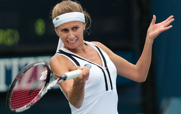 Gisela Dulko of Argentina returns the ball to Anastasia Pavlyuchenkova of Russia at the U.S. Open tennis tournament in New York. Pavlyuchenkova won the match 6-1, 6-2. (AP)