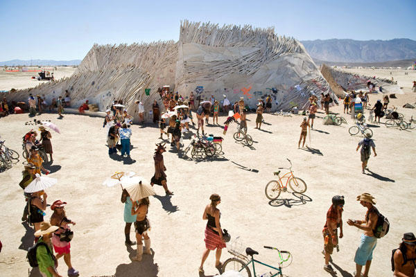 Burners congregate around "The Temple of Flux," a spiritual place for many at Burning Man 2010 in Black Rock City, Nev. (AP)