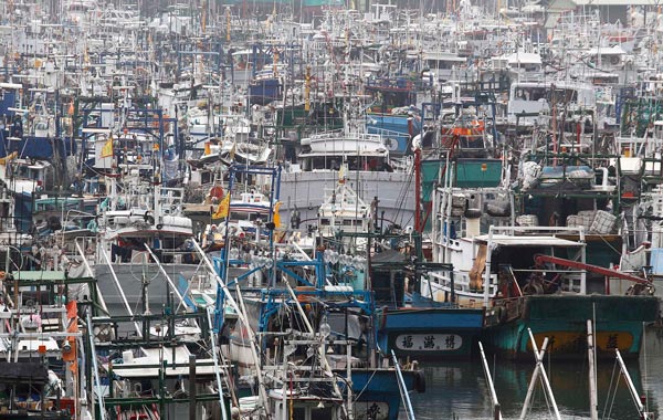 Boats are docked in a harbour as Typhoon Fanapi hits the northeastern coastal town of Nanfangao in Ilan county. (REUTERS)