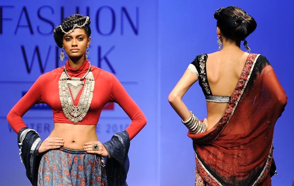 A model displays a creation by Indian designer Anita Dongre on the first day of Lakme Fashion Week (LFW) Winter/Festive 2010 in Mumbai. (AFP)
