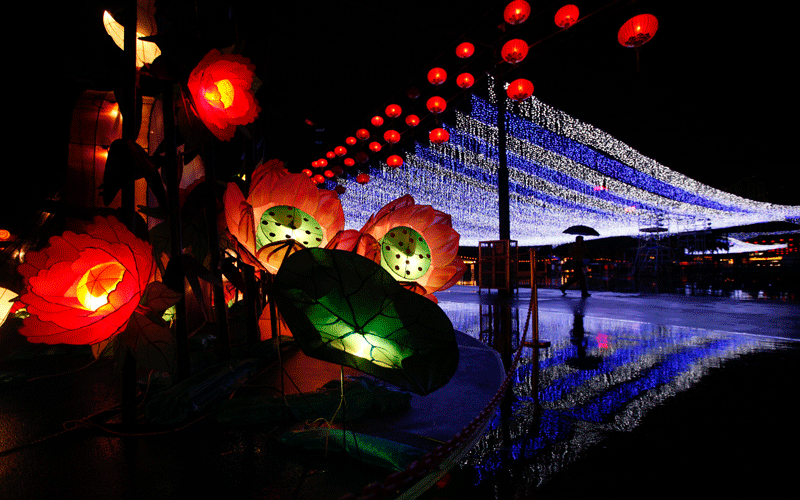 Illuminated decorations and lighting of small bulbs are set up at popular Victoria Park to celebrate the Chinese Mid-Autumn Festival in Hong Kong. (AP)