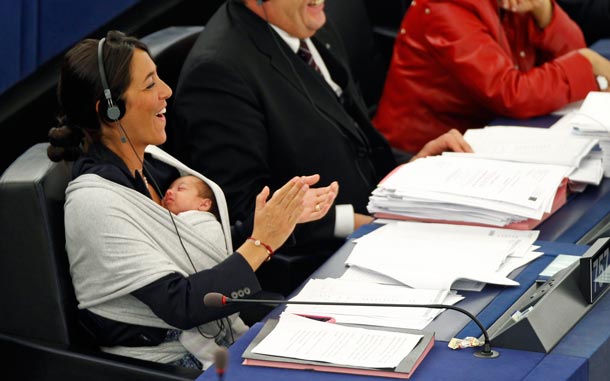 Italy's Member of the European Parliament Licia Ronzulli takes part with her baby in a voting session at the European Parliament in Strasbourg. (REUTERS)