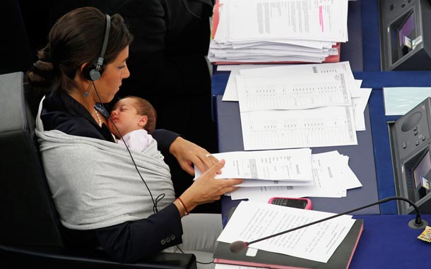 Italy's Member of the European Parliament Licia Ronzulli takes part with her baby in a voting session at the European Parliament in Strasbourg. (REUTERS)