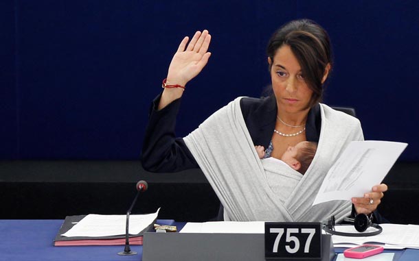 Italy's Member of the European Parliament Licia Ronzulli takes part with her baby in a voting session at the European Parliament in Strasbourg. (REUTERS)