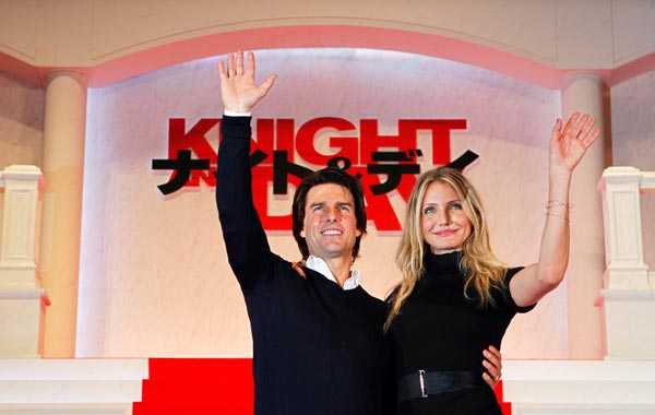 US actors Tom Cruise (L) and Cameron Diaz attend the premiere of the movie 'Knight and Day' at the Roppongi Hills Arena in Tokyo, Japan. (EPA)