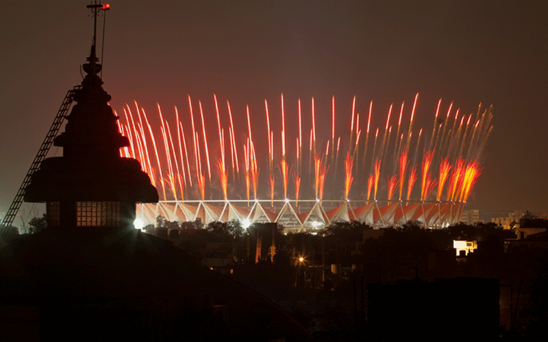 A Jain Temple is silhouetted in front of fireworks above the Jawaharlal Nehru Stadium during the opening ceremony of the 19th Commonwealth Games. (GETTY IMAGES)