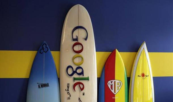 Surfboards lean against a wall at the Google office in Santa Monica. (REUTERS)