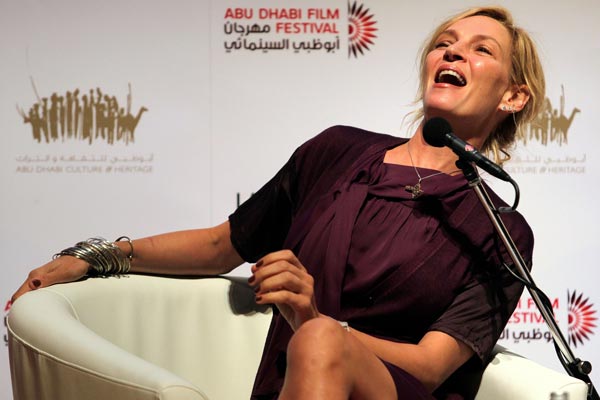 US actress Uma Thurman laughs during a press briefing on the sidelines of the Abu Dhabi International Film Festival ahead of the festival's closing ceremony in the Emirati capital. (AFP)