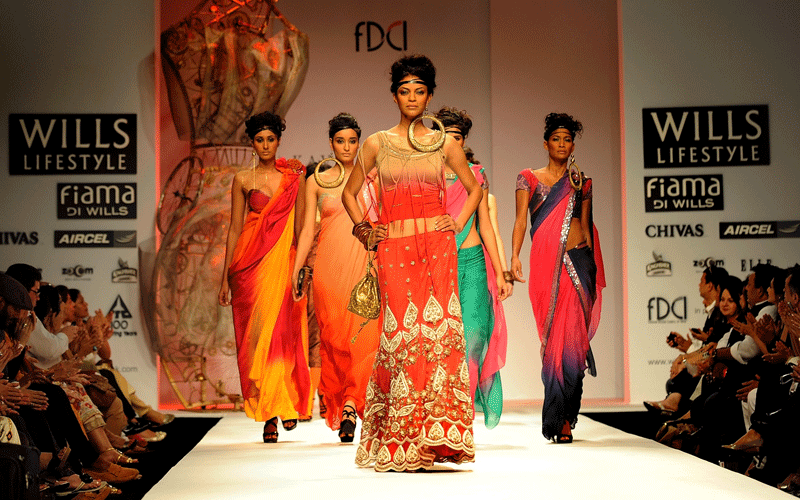 Models display creations of Indian designer Kavita Bhartia during The Wills Lifestyle India Fashion Week - Spring Summer 2011 at Pragati Maidan in New Delhi. (AFP)