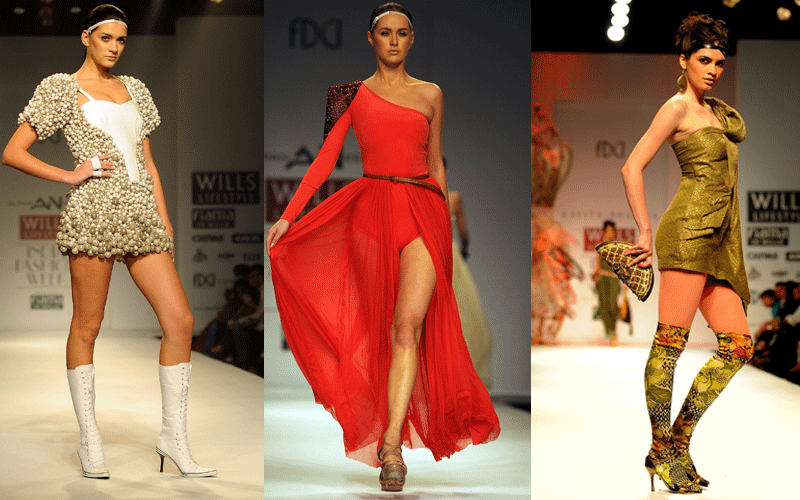 A models displays a creation of Indian designers Alpana and Neeraj during The Wills Lifestyle India Fashion Week- Spring Summer 2011 at Pragati Maidan in New Delhi. (AFP)