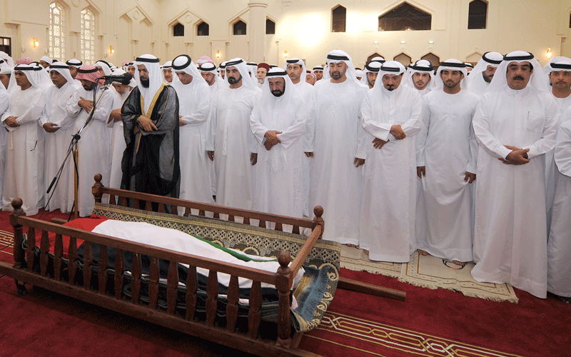 His Highness Sheikh Mohammed bin Rashid Al Maktoum, Vice-President and Prime Minister of the UAE and Ruler of Dubai, and Their Highnesses Supreme Council Members and Rulers of the Emirates, perform funeral prayers for Sheikh Saqr bin Mohammed Al Qasimi in Ras Al Khaimah on Wednesday. (WAM)