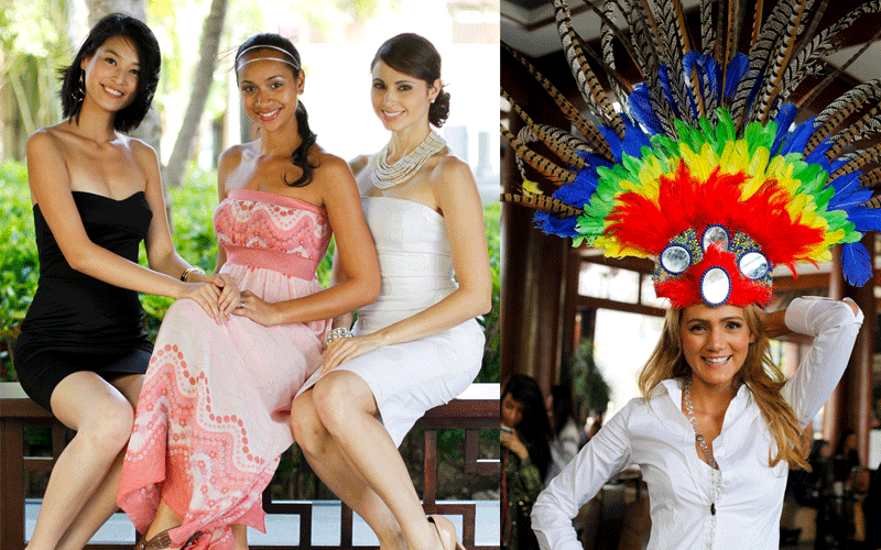 (L-R) Miss China, Xiao Tang, Miss Ethiopia Hiwdt Assefa Tesfaye, Miss Canada, Denise Garrido and Miss Bolivia, Maria Teresa Roca Cordova pose for a photograph before a dress rehearsal for the Miss World 2010 pageant in Sanya, China's Hainan province. The 60th Miss World pageant final take place on Saturday. (EPA)