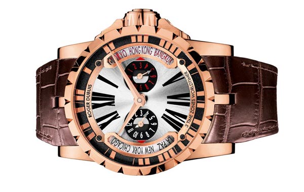 Roger Dubuis’s new Excalibur watch is perfect for the business traveller, with two meridian indicators placed either side of the centre, which indicates the local time in hours and minutes, plus the time simultaneously in two other cities. A rose gold version is limited to 88 pieces (SUPPLIED)