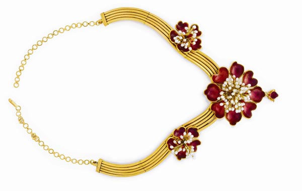 This Ethnix necklace, part of Malabar Gold's new Diwali line, features pearls, colourful jewels and coloured gold in an evocative interpretation of a woman’s beauty and grace (SUPPLIED)