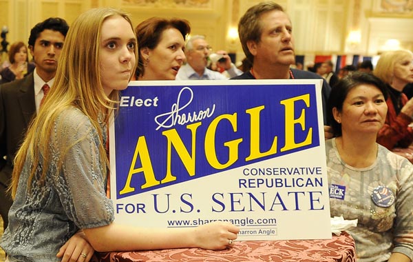 Supporters of Nevada Republican Party Senate candidate Sharron Angle react after Fox News projected Democratic Party candidate Harry Reid as the winner of the race for the Nevada senate seat. (AFP)