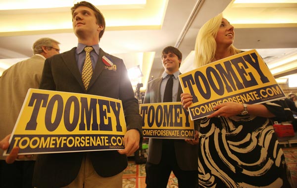 Supporters of Pennsylvania Republican Senate candidate Pat Toomey attend his election night party at the Holiday Inn. (AFP)