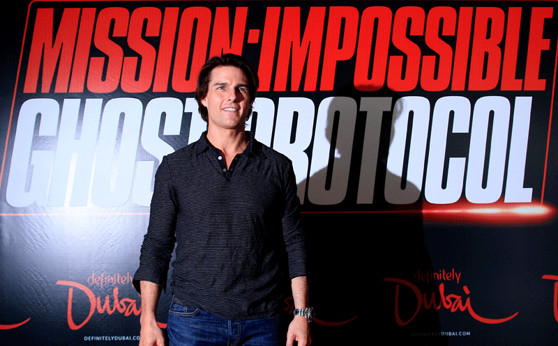 Hollywood actor Tom Cruise poses during a news conference to promote his upcoming movie Mission Impossible Ghost Protocol in Dubai. (PATRICK CASTILLO)