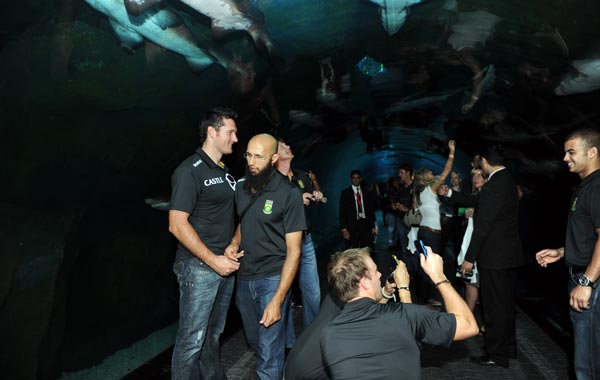 South African cricket team players visit the Dubai Aquarium, as the team attended a ceremony to mark the 100 days countdown to the ICC World Cup, to be hosted by India, Sri Lanka and Bangladesh the first time cricket's showpiece event is played in South Asia. (AFP)