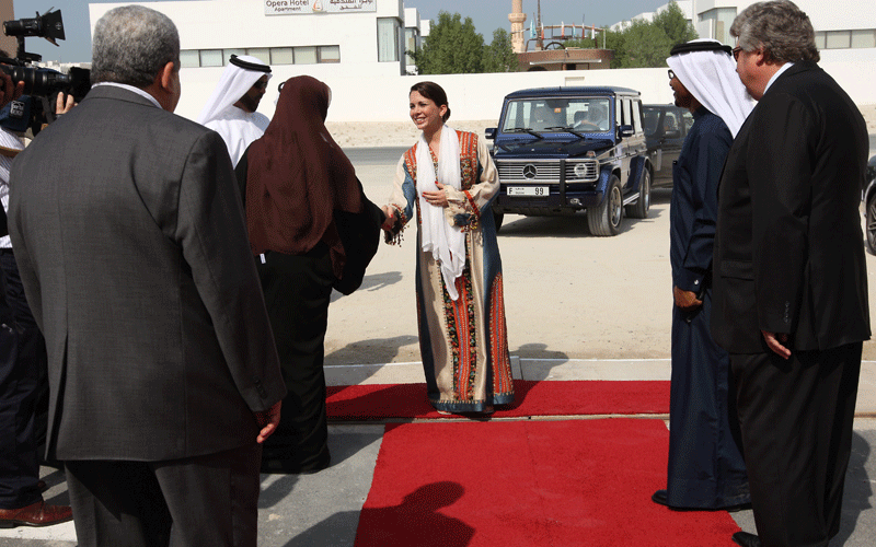 Princess Haya bint Al Hussein, wife of His Highness Sheikh Mohammed bin Rashid Al Maktoum, Vice-President and Prime Minister of the UAE and Ruler of Dubai, is welcomed at the launch of the campaign 'A Child's Smile' at Al Noor Training Centre for Children with Special Needs in Dubai. (ASHOK VERMA)